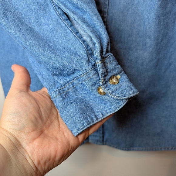 Vintage 90s Faded Glory Bird Screen Print Button Down Denim Top Unisex Men's Med - Picture 8 of 10